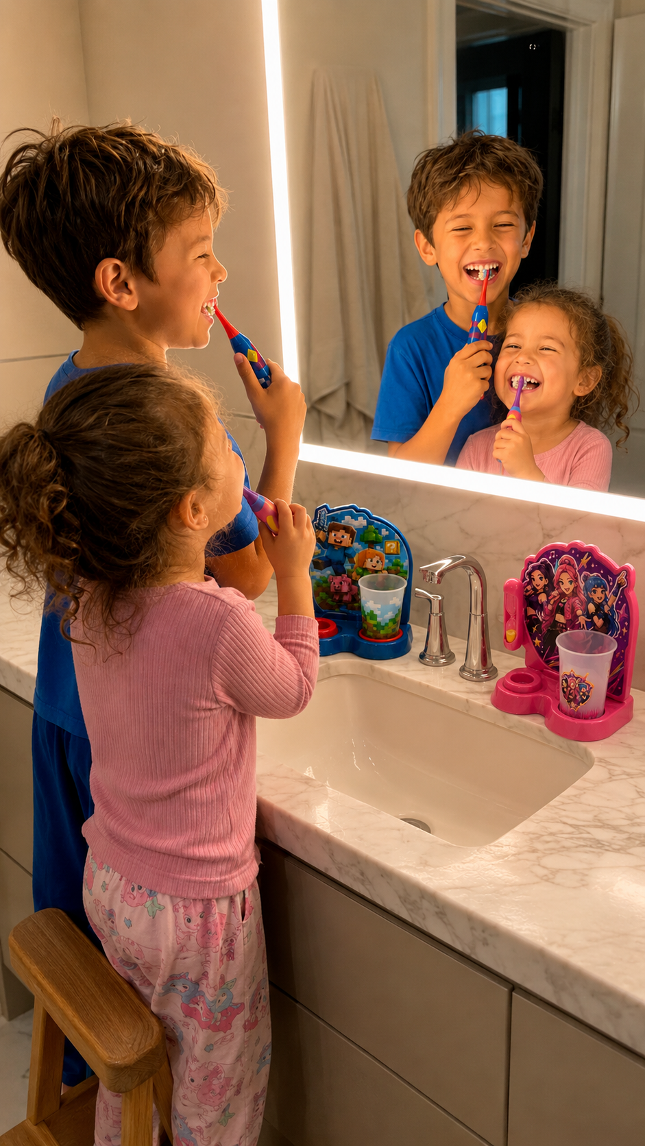 Duas crianças escovando os dentes felizes diante do espelho